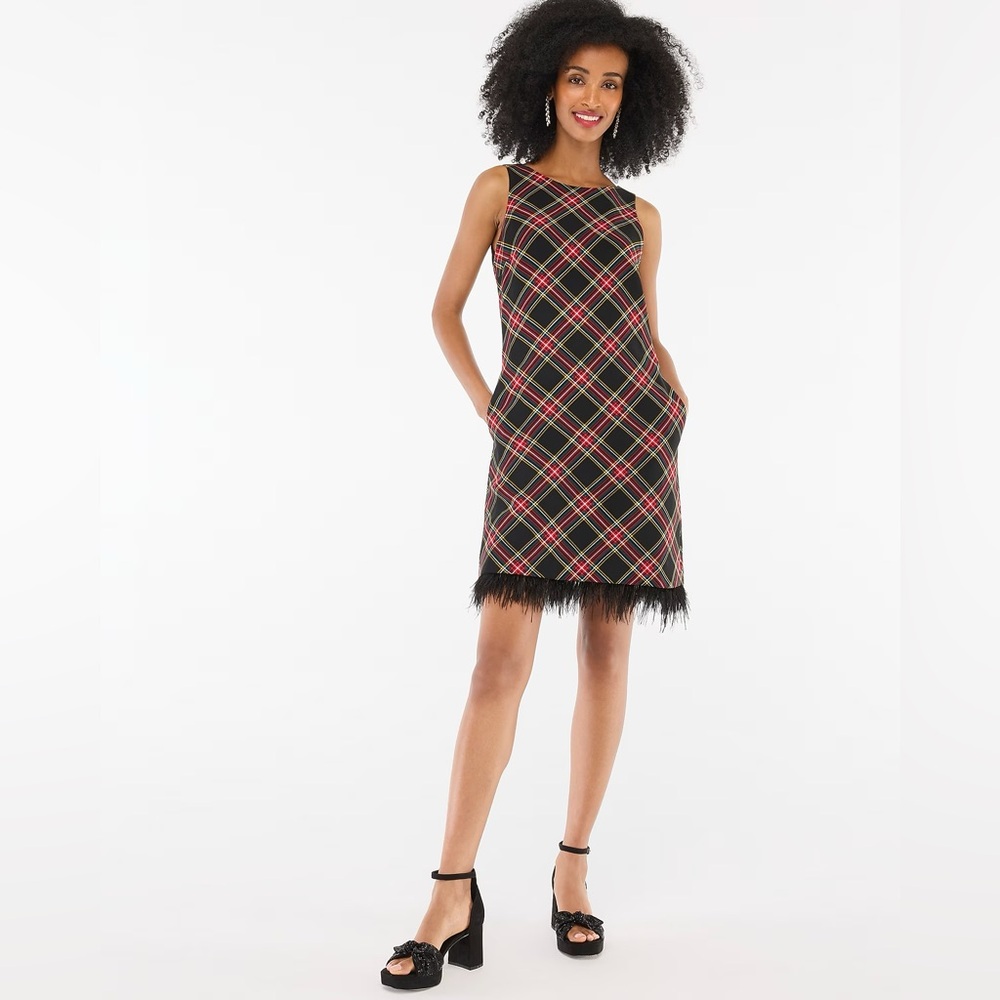 {J. Crew Factory} Tartan feather-trim mini dress - Size XL - NWOT
